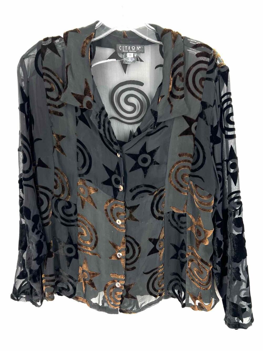 Citron Size M Black/Brown Print Velvet Designer Blouse
